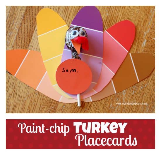Thanksgiving Place Cards:  Make these super cute Paint Chip Turkey Thanksgiving Place Cards in minutes!  Kids will love making them, and they are super cheap!